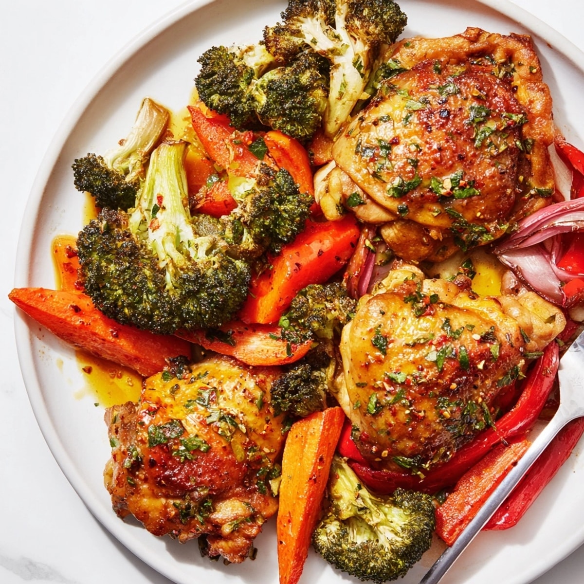 Easy weeknight recipe: Garlic Butter Chicken Thighs sizzling with herbs and colorful vegetables.