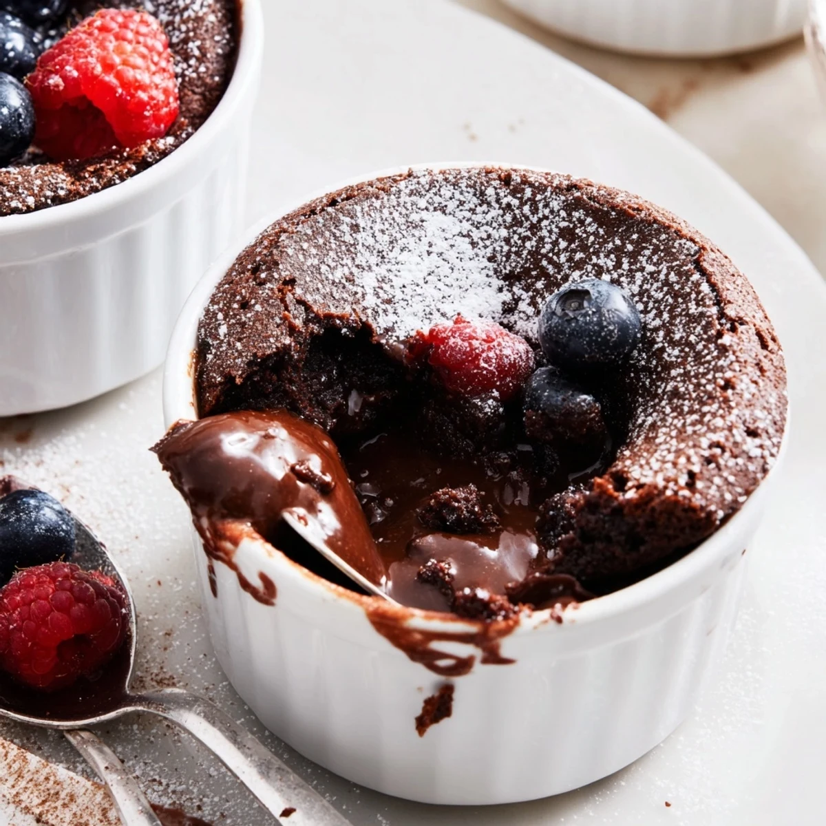 Gooey Mini Chocolate Lava Cakes in ramekins, perfect for a rich dessert experience.  