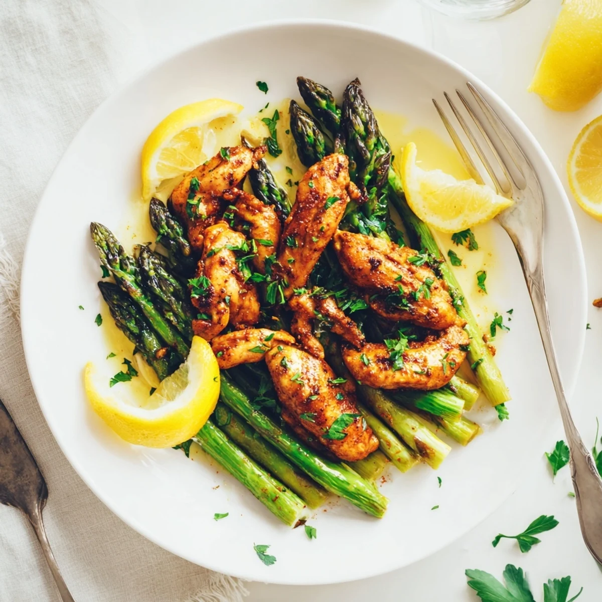 Juicy One-Pan Lemon Garlic Chicken with Asparagus, garnished and ready to serve.  