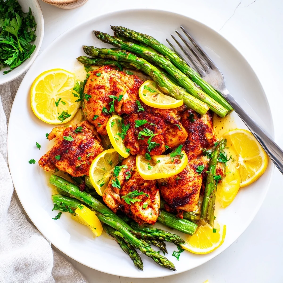 Lemon Garlic Chicken with Asparagus, a colorful dish fresh from the oven.