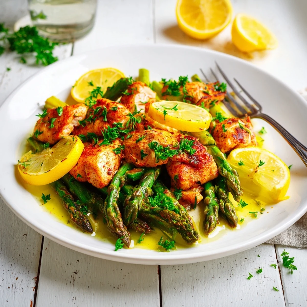 Vibrant One-Pan Lemon Garlic Chicken with Asparagus, drizzled with zesty lemon sauce.  