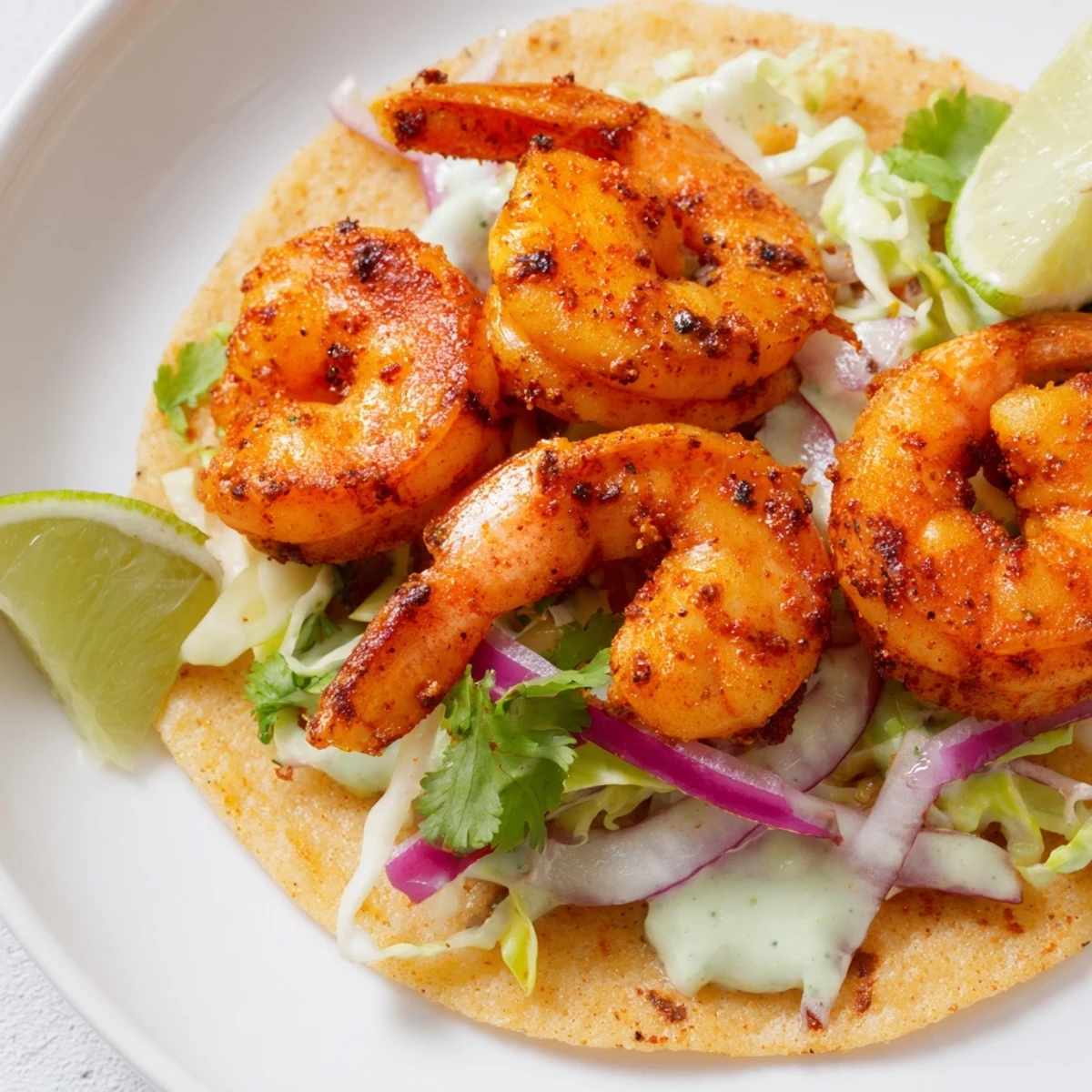 Zesty 15-Minute Shrimp Tacos, showcasing creamy lime crema and crunchy slaw toppings.