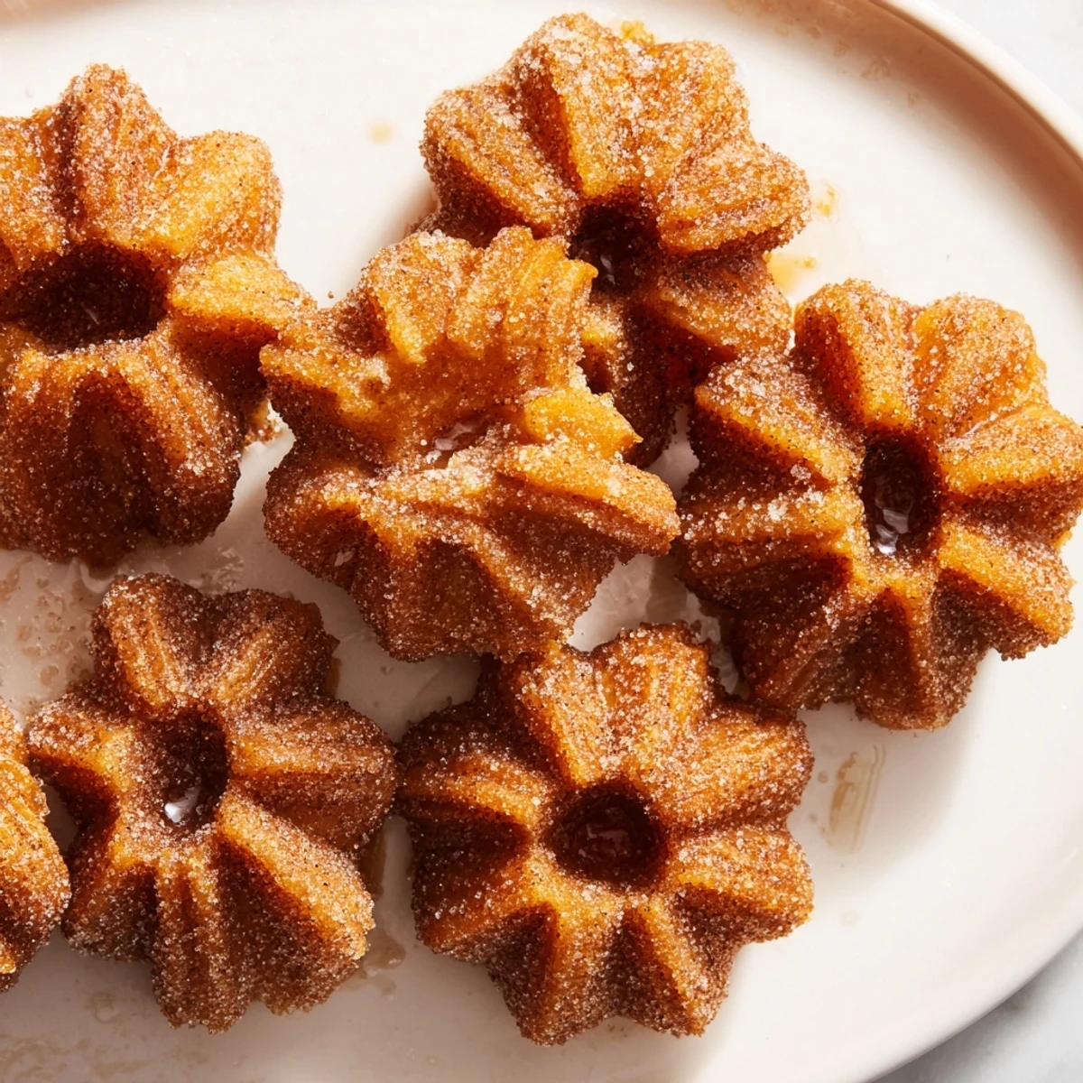 Warm and tender classic cinnamon sugar churro bites sprinkled with aromatic cinnamon.