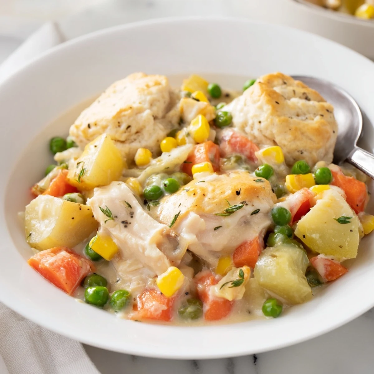 Slow Cooker Chicken Pot Pie Bake steaming in the pot, ready for delicious serving.  