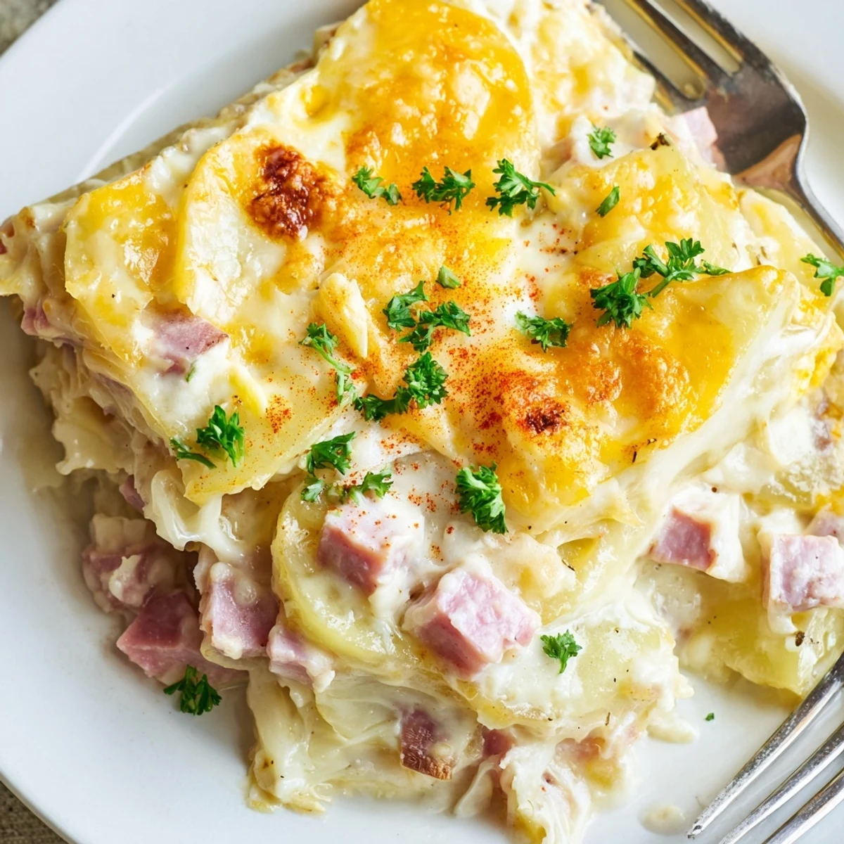 Creamy Cheesy Potato and Ham Casserole topped with golden cheese and fresh parsley sprigs.  