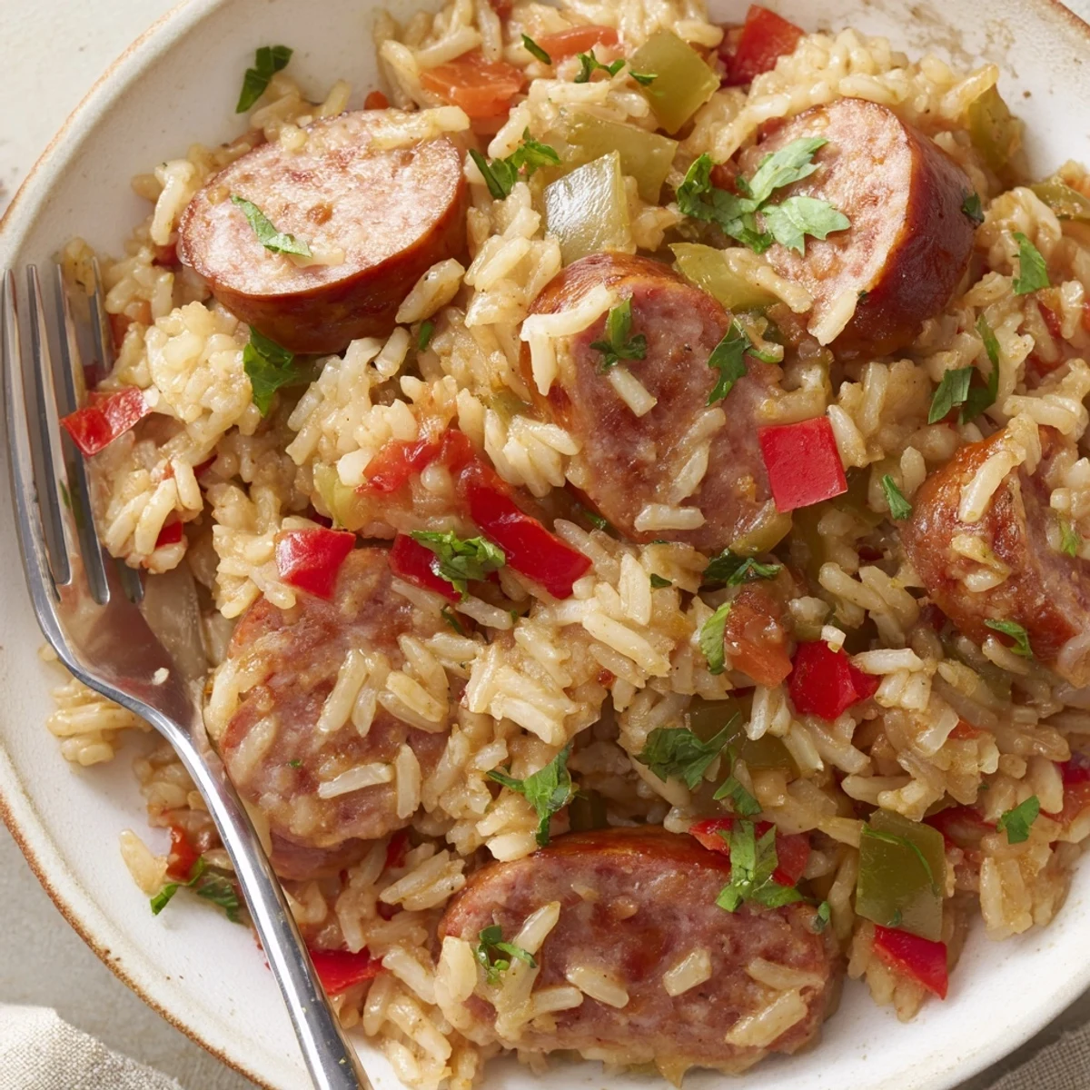 Delicious one-pot sausage and rice skillet with vibrant peppers and tender grains, ideal for dinner.  