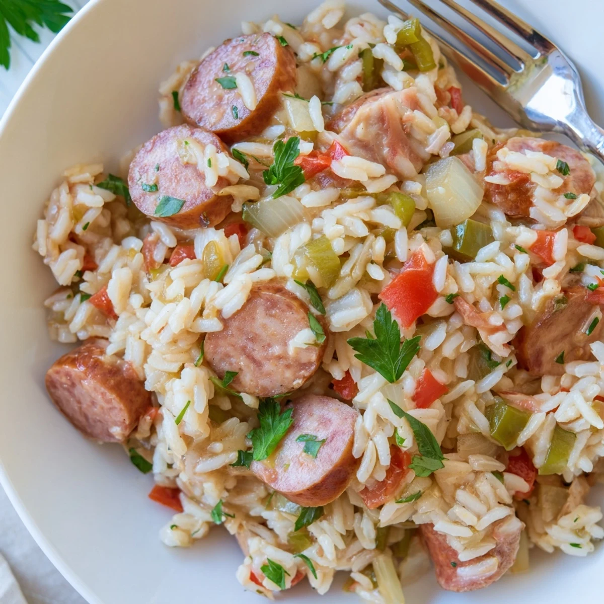 Flavorful one-pan sausage and rice skillet featuring colorful veggies, great for busy family nights.