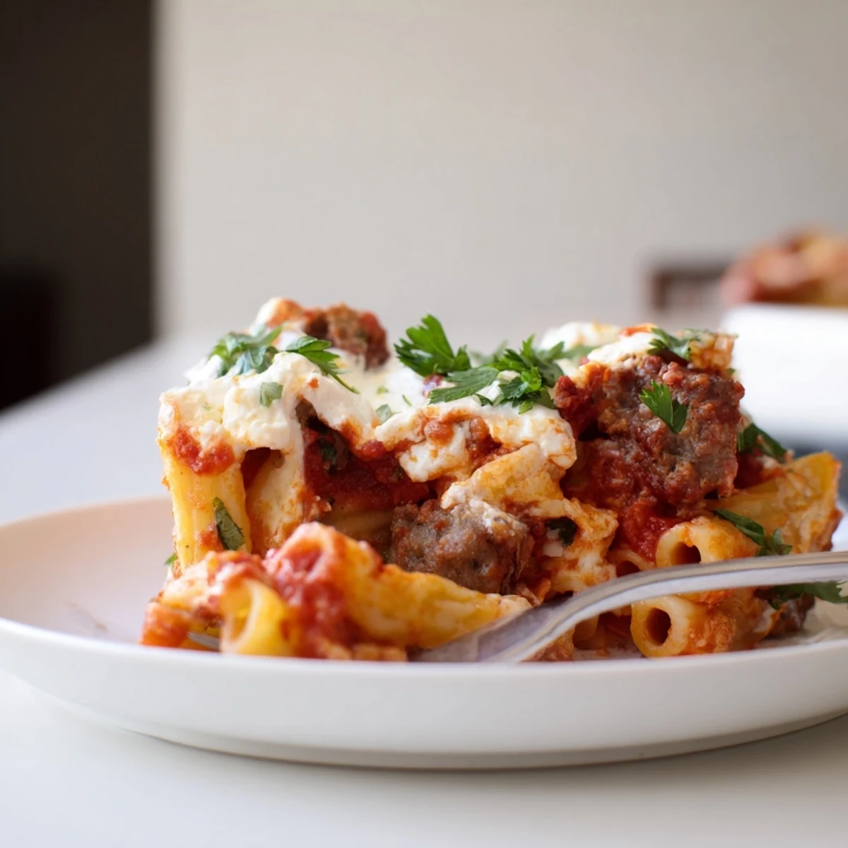Baked Ziti with Italian Sausage and Mozzarella topped with gooey melted cheese, a comforting delight.  
