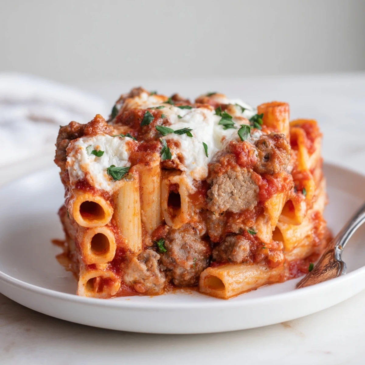 Delicious Baked Ziti with Italian Sausage and Mozzarella layered with savory meat and sauce.