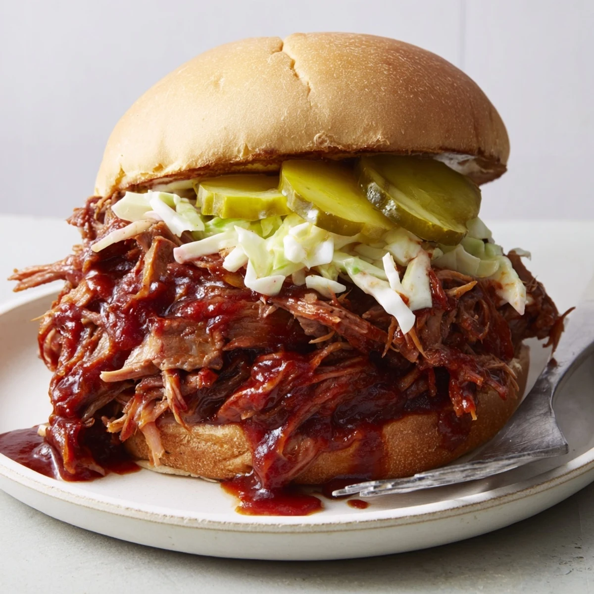 Tender slow-cooked BBQ pulled pork sandwiches piled high on soft, toasted buns.