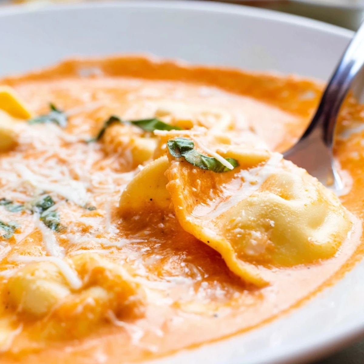 Creamy Tomato Basil Tortellini Soup filled with tender pasta, fresh basil, and velvety texture.