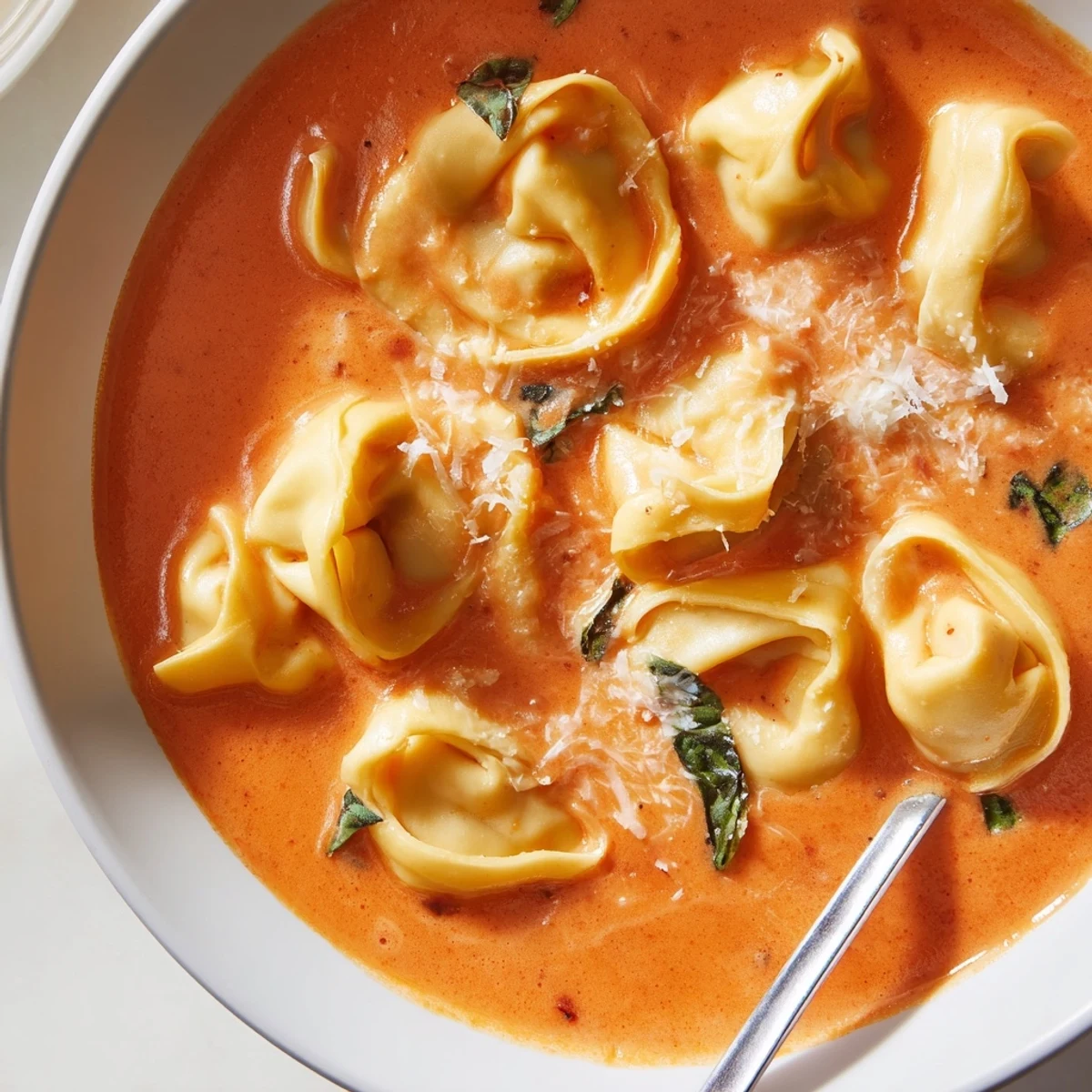A bowl of Creamy Tomato Basil Tortellini Soup garnished with basil and Parmesan cheese.