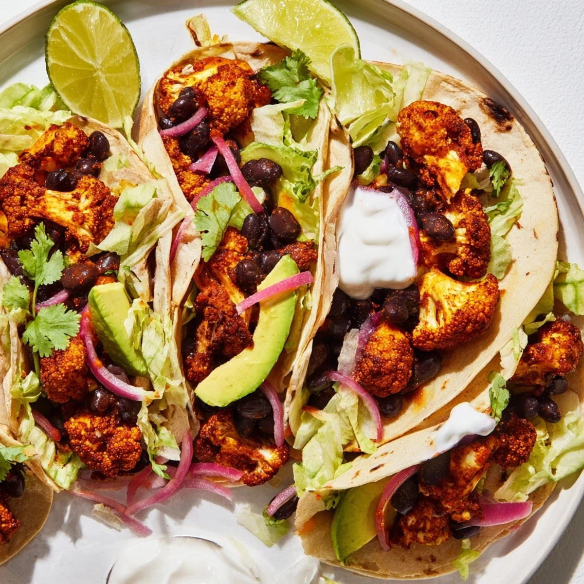 Flavorful spicy cauliflower and black bean tacos topped with fresh avocado and cilantro.