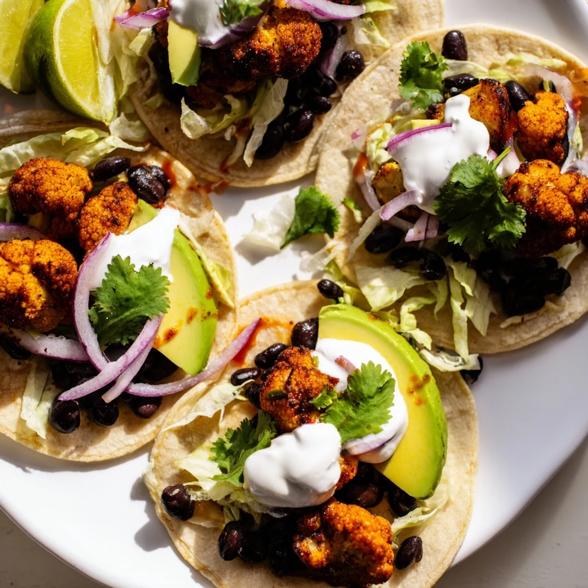 Zesty roasted cauliflower and black beans nestled in warm corn tortillas, ready to enjoy.