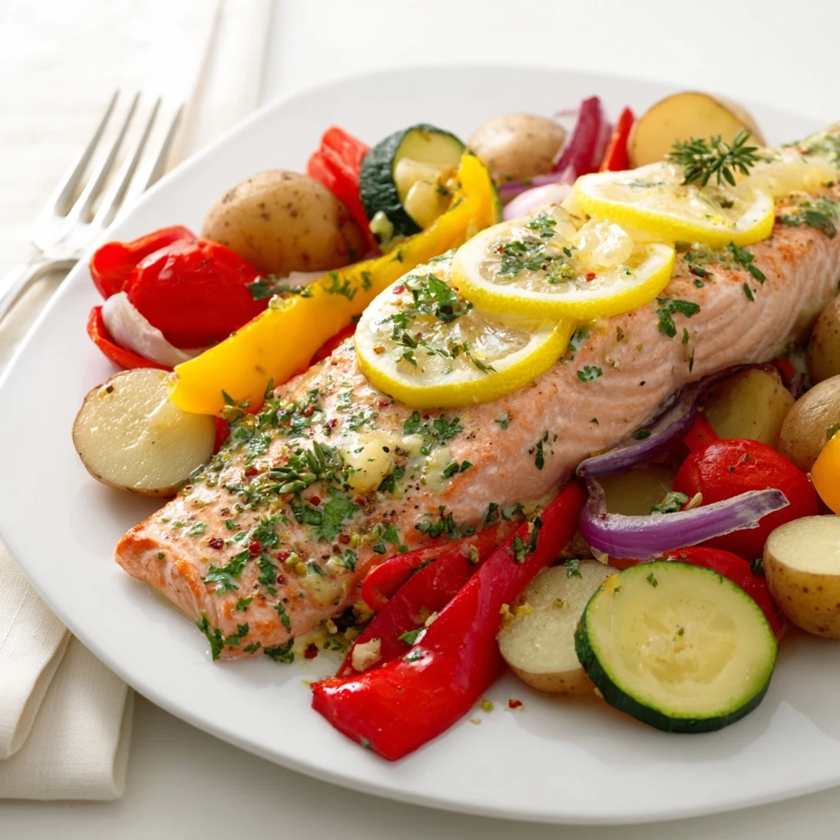 Vibrant Sheet Pan Lemon Herb Salmon with Veggies, bursting with fresh flavors and colors.