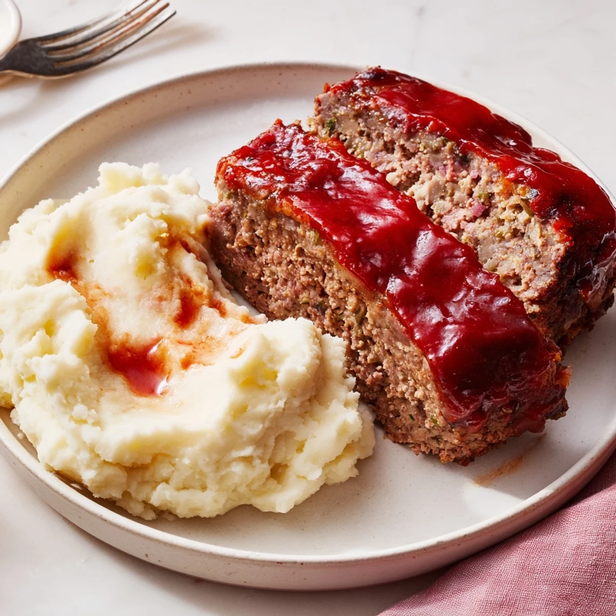 Classic Meatloaf with Mashed Potatoes served on a plate, drizzled with savory glaze.  