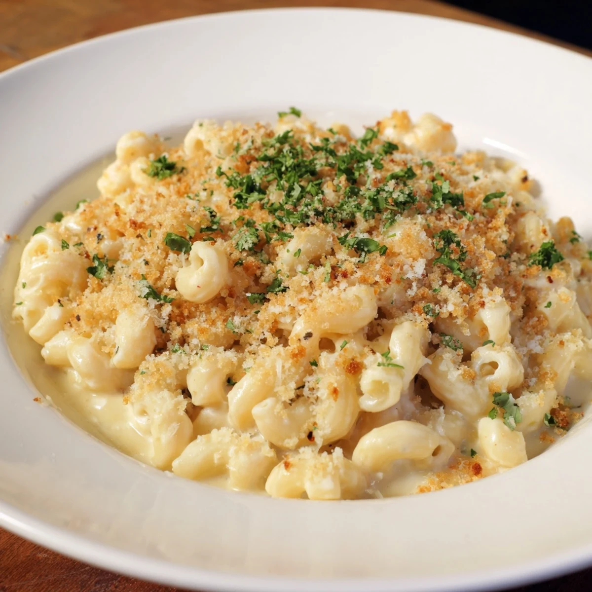 Golden-brown truffle macaroni & cheese, bubbly from the oven, ready for serving with parsley.