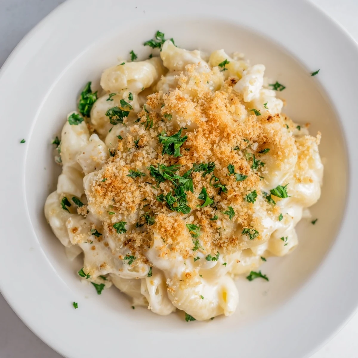 Creamy truffle macaroni and cheese, boasting a rich cheese sauce and crispy panko breadcrumb topping.