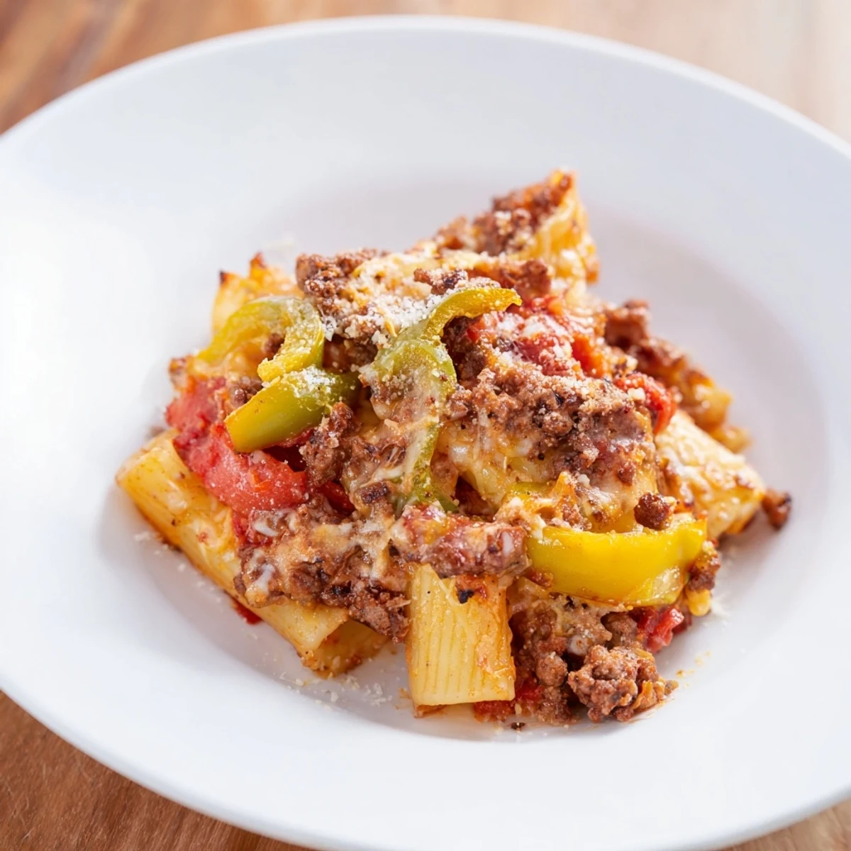 Baked rigatoni with sausage & peppers, golden-brown cheese bubbling in a baking dish, a delicious main course.