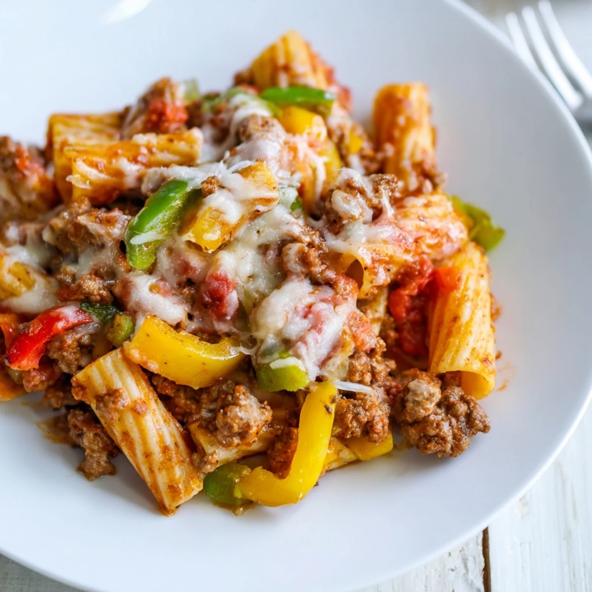 Steaming hot baked rigatoni with sausage and peppers, ready to be served, making mouths water with the aroma.