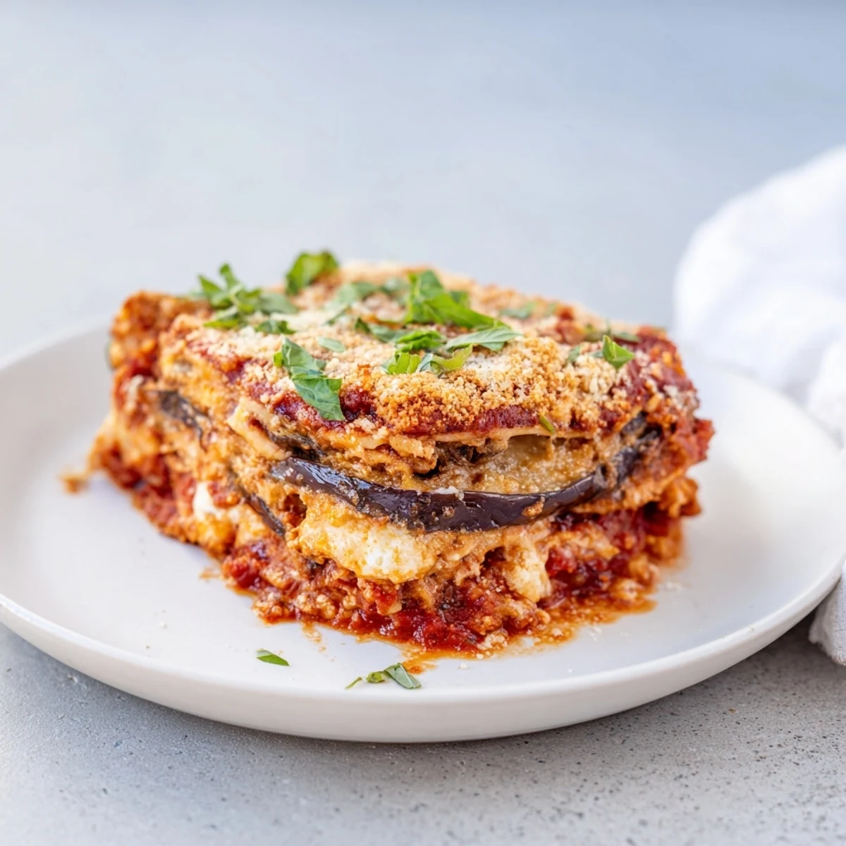 This finished Eggplant Parmesan Lasagna is a bubbling, cheesy creation ready for serving and enjoying.