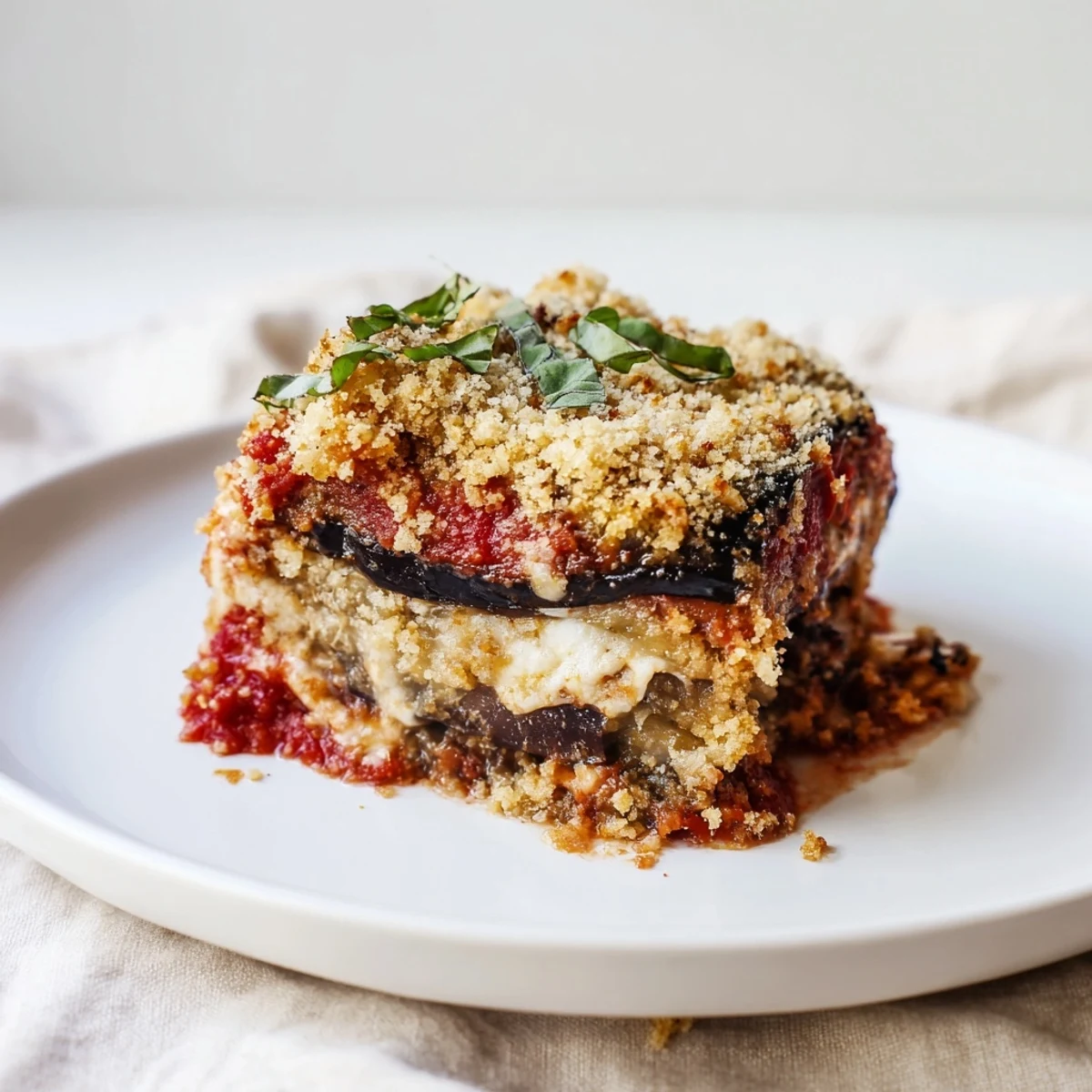 A mouthwatering photo of Eggplant Parmesan Lasagna layers with bubbly cheese and golden crust.