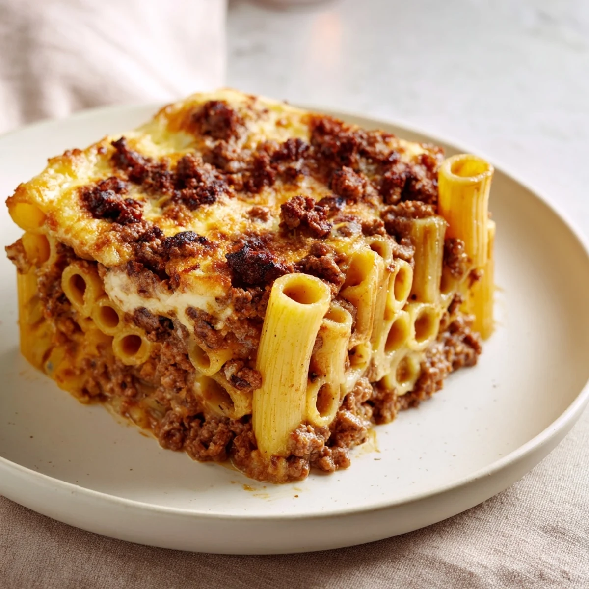 Golden-topped Greek Pastitsio, a comforting baked pasta dish with savory beef and creamy béchamel.
