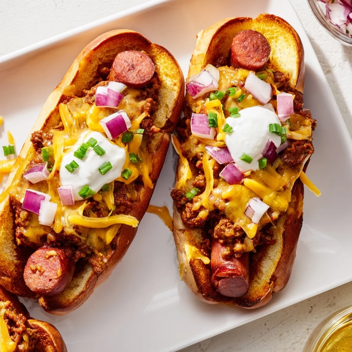 Rich, savory Chili Dog Casserole topped with melty cheddar cheese, ready to serve to hungry guests.