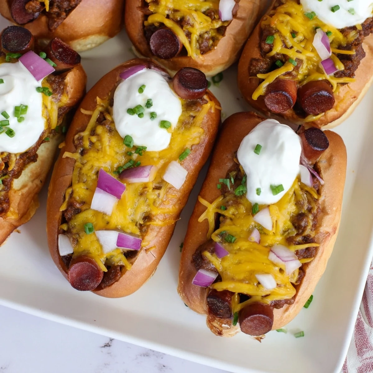 A close-up view of a hearty Chili Dog Casserole, full of hot dogs, chili, and inviting cheese.