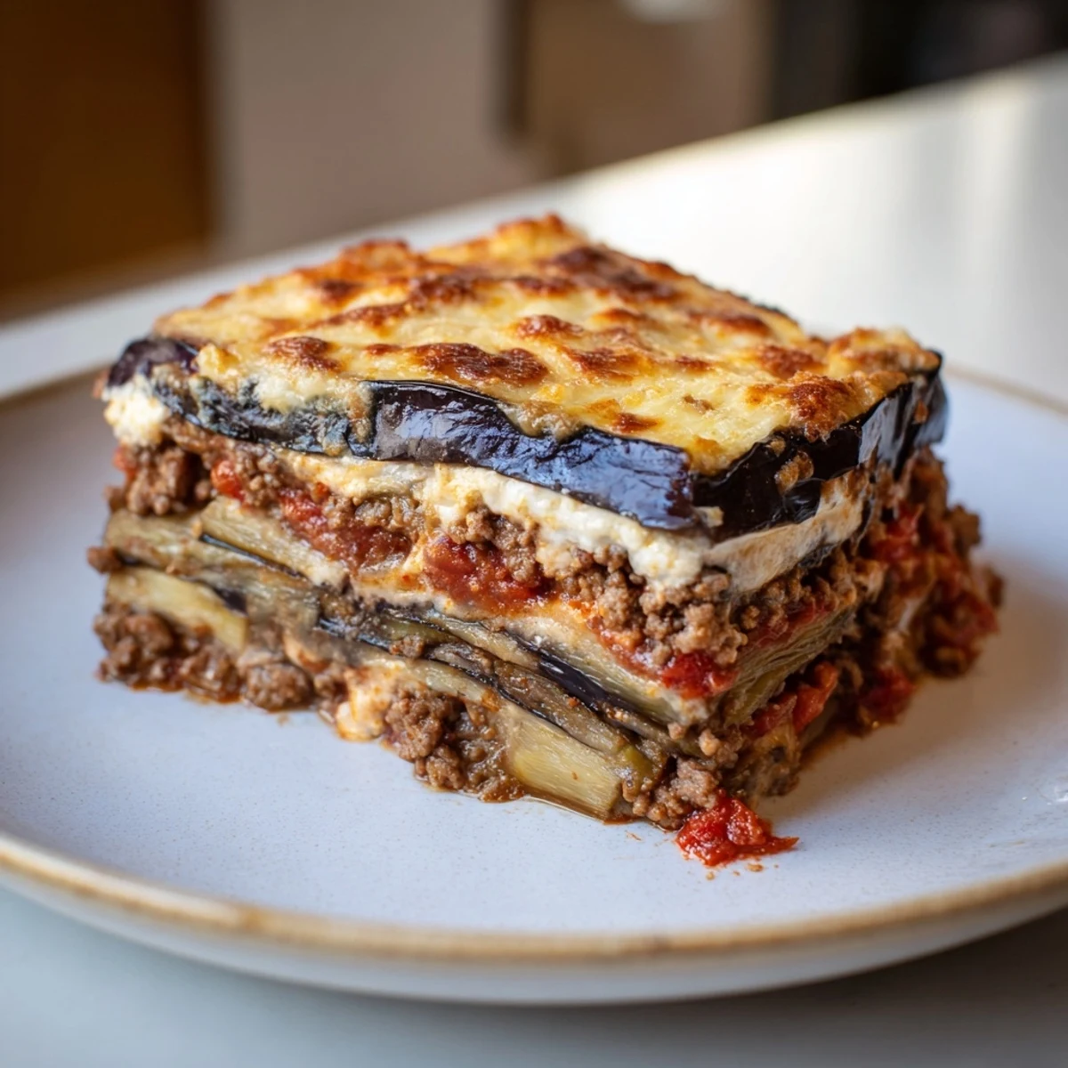 A hearty slice of Moussaka, showcasing spiced beef, eggplant, and a bubbling béchamel topping.