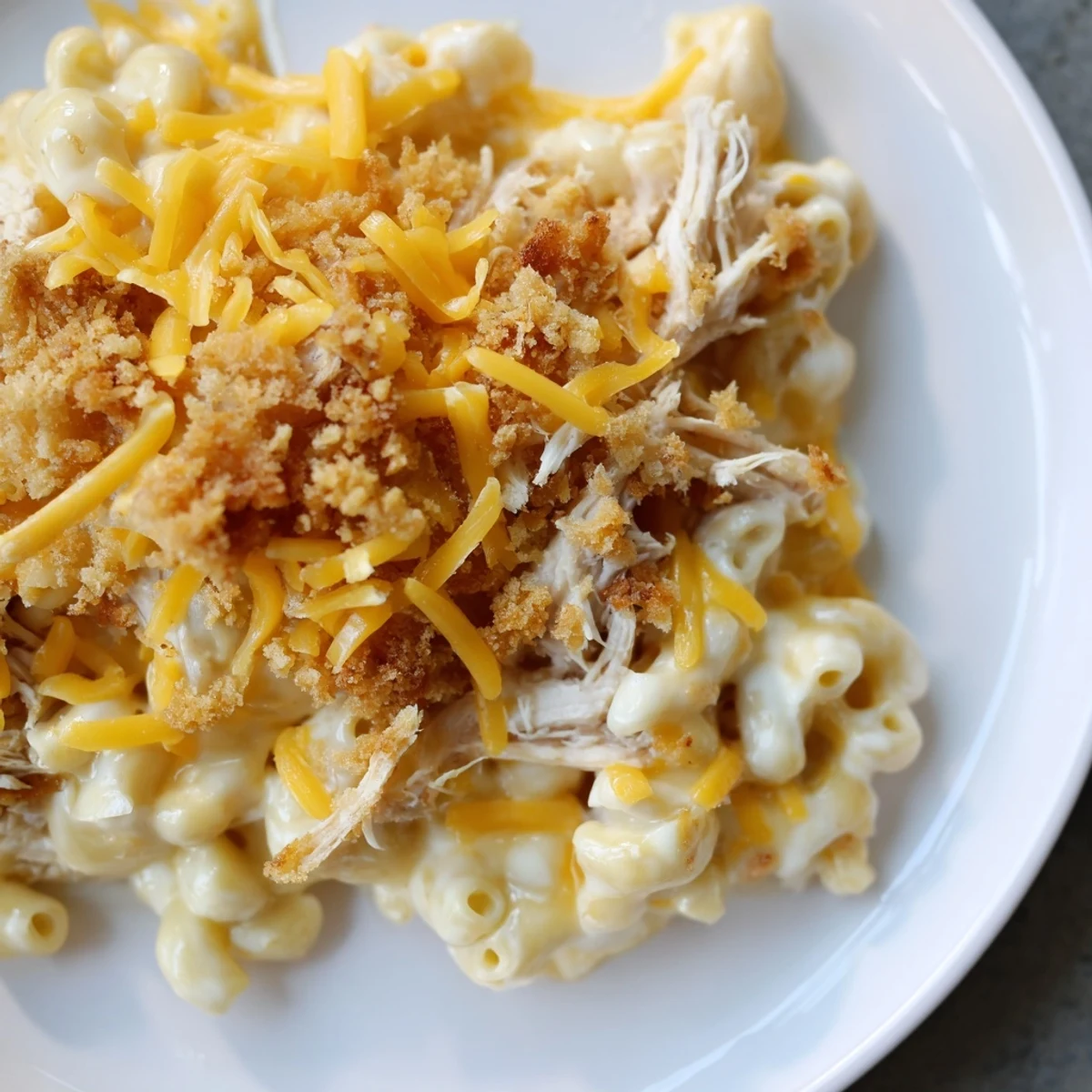 Golden-brown Classic Mac & Cheese with BBQ Chicken, a family favorite bubbling hot from the oven.