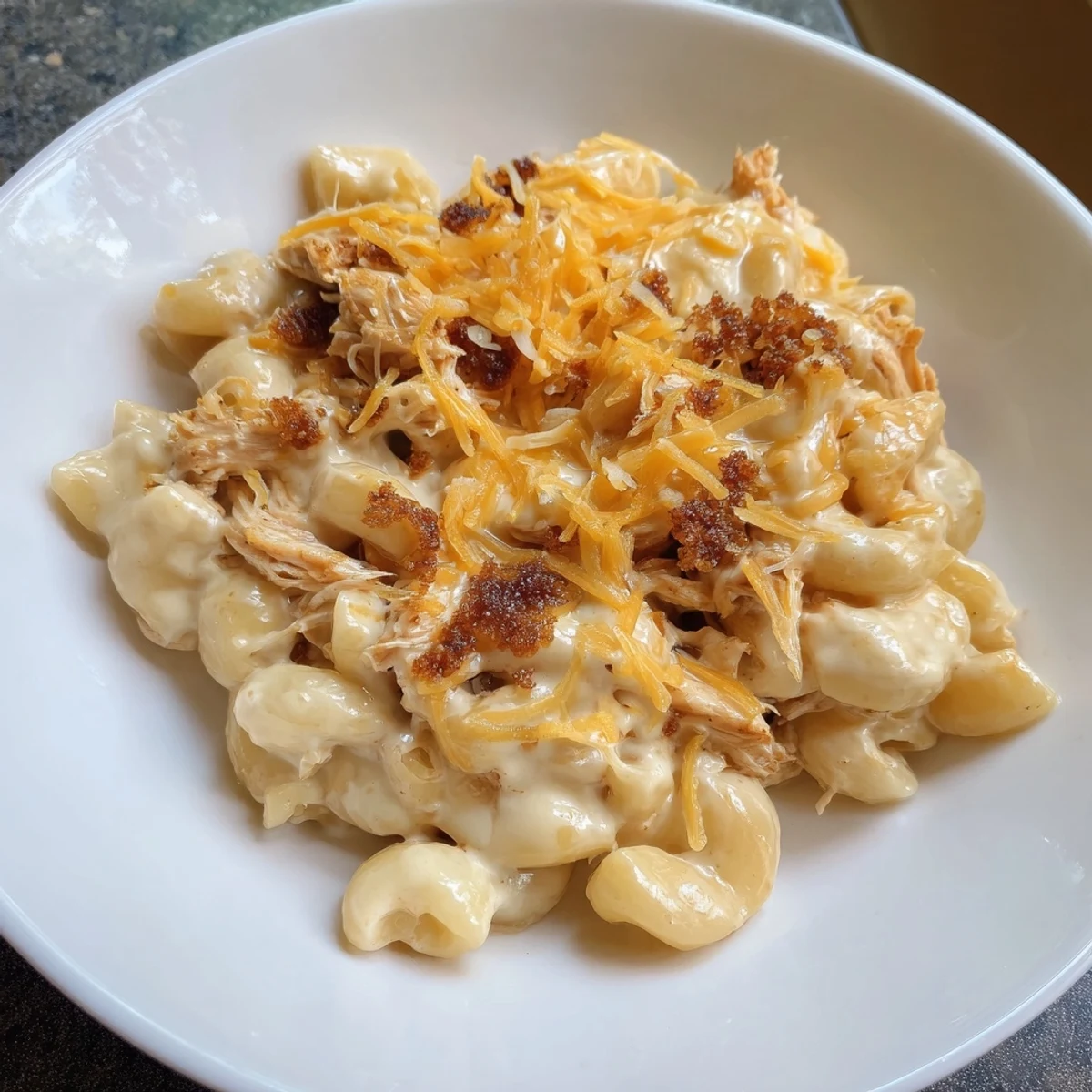 Smoky BBQ chicken topping creamy Classic Mac & Cheese, bubbling in a baking dish, ready to eat.