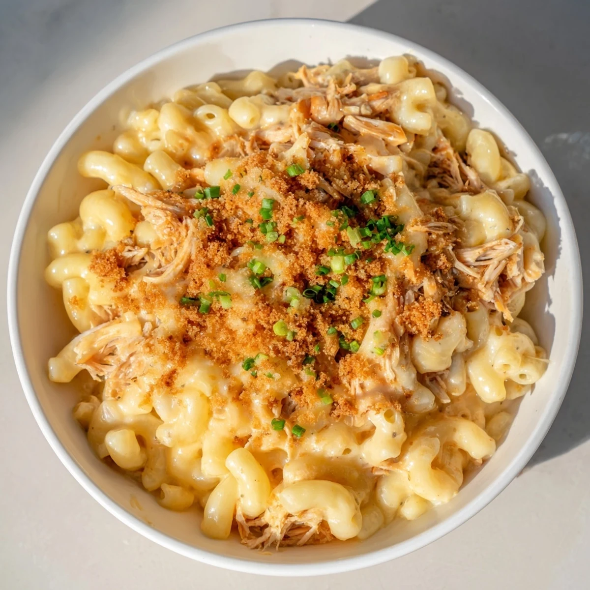 A close-up of cheesy and delicious Classic Mac & Cheese with BBQ Chicken, ready to be served.