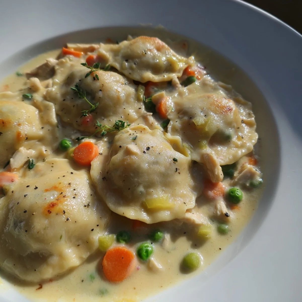 Homemade Chicken and Dumplings Casserole, served hot, boasting fluffy dumplings atop creamy chicken.