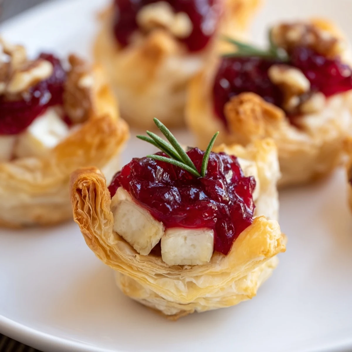 Warm, golden Quick Cranberry Brie Bites with bubbly cheese and sweet cranberry atop flaky pastry.
