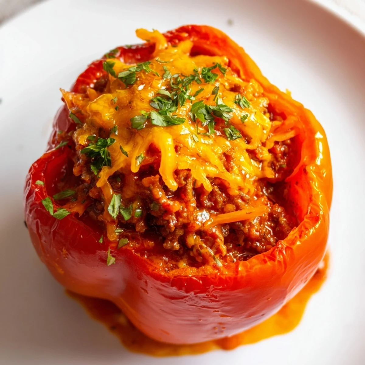 Vibrant photo of Sloppy Joe Stuffed Peppers, filling bell peppers, and coated with melted cheddar cheese.
