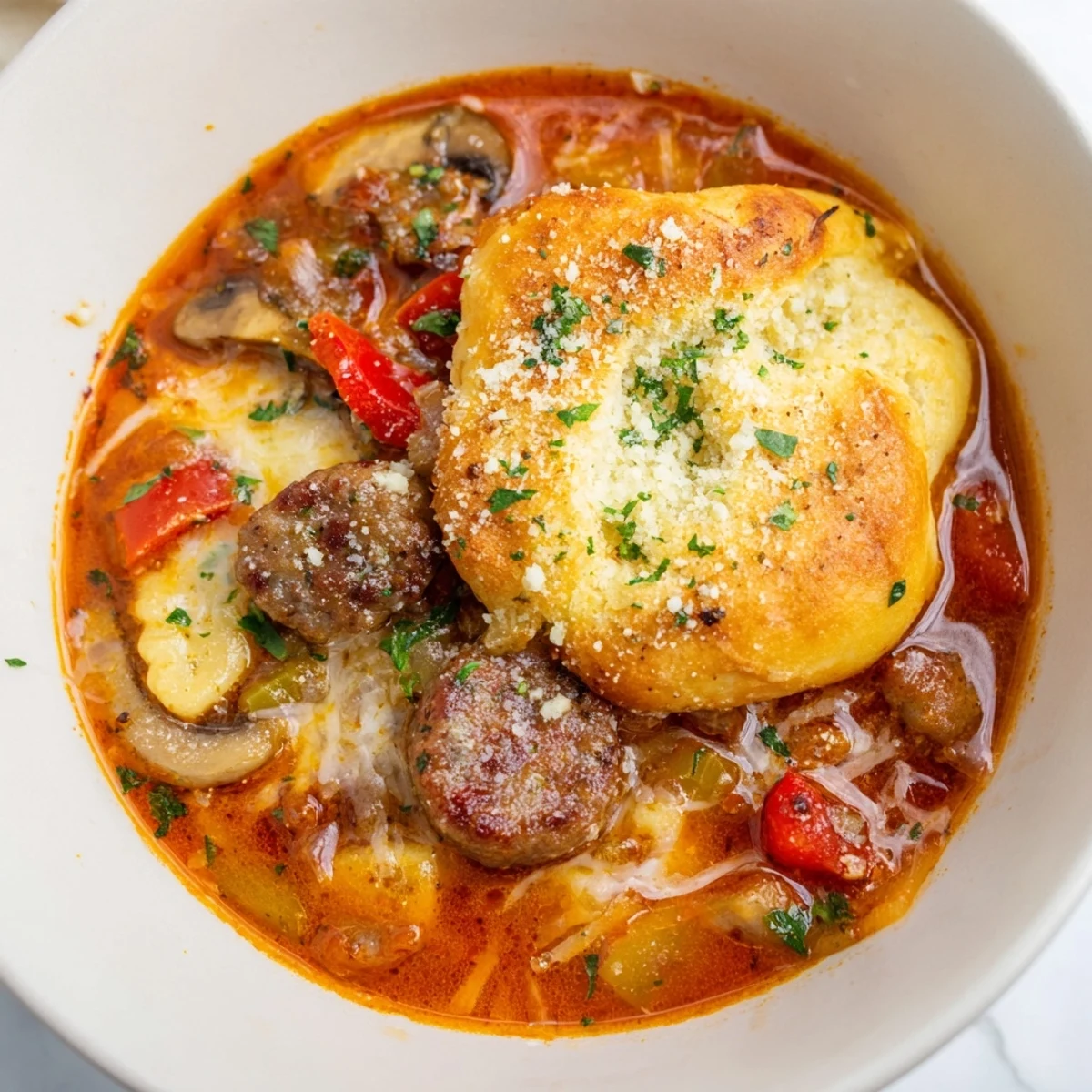 Pizza Pot Pie Soup bubbling hot, cheesy, with a golden-brown bread crust topping its surface.