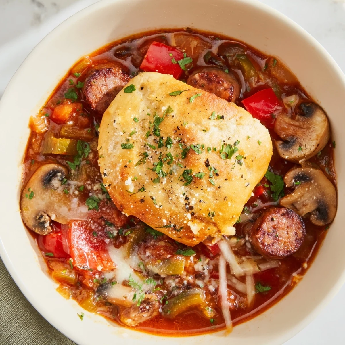 View of a comforting bowl of Pizza Pot Pie Soup, showcasing bubbly cheese and rustic bread.