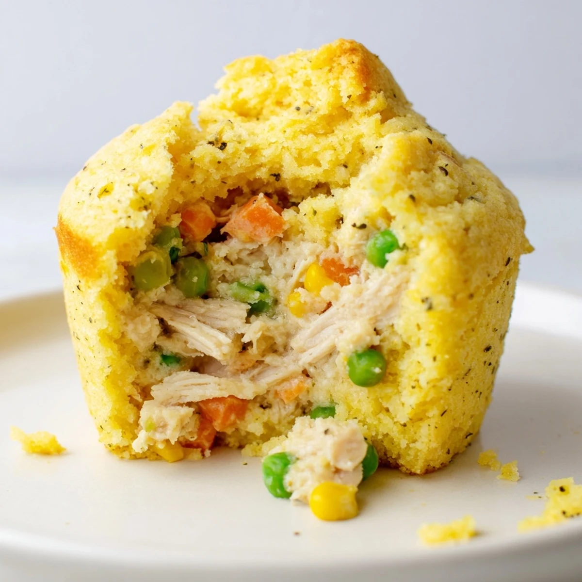 Golden Mini Chicken Pot Pie Cornbread Muffins, savory and warm, perfect for a cozy snack.