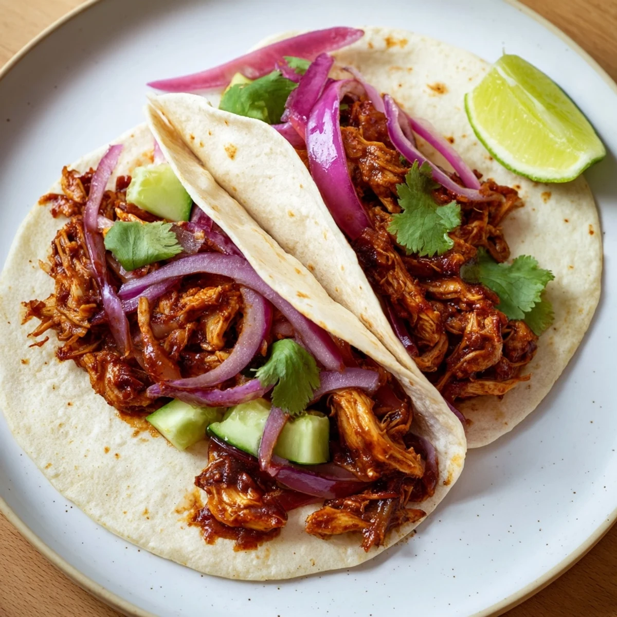 Sticky Chicken Tikka Masala Tacos, showcasing tender chicken in savory sauce with fresh toppings.