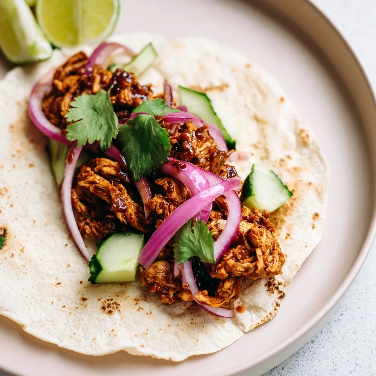 Golden, glistening Sticky Chicken Tikka Masala Tacos, beautifully presented with vibrant cilantro.