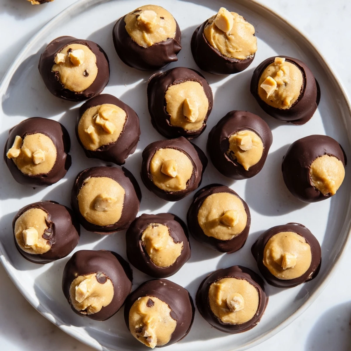 Close-up of freshly made Peanut Butter Buckeyes: glistening chocolate, revealing a delectable peanut butter filling.