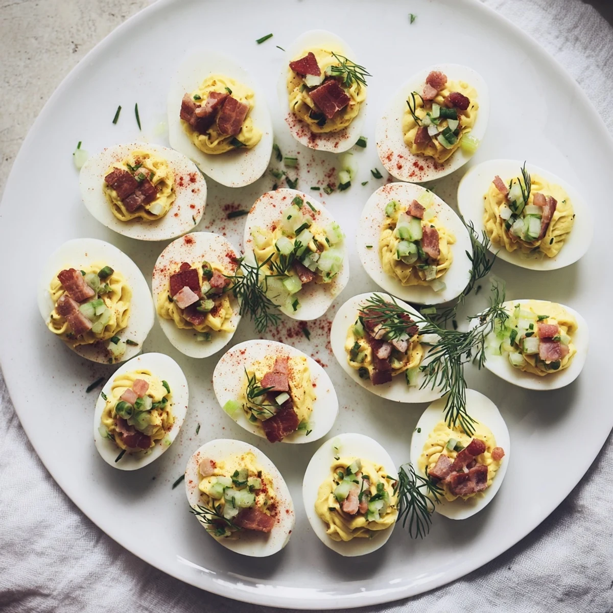Fluffy loaded deviled eggs showing a perfect filling, garnished with fresh dill and flavorful paprika.