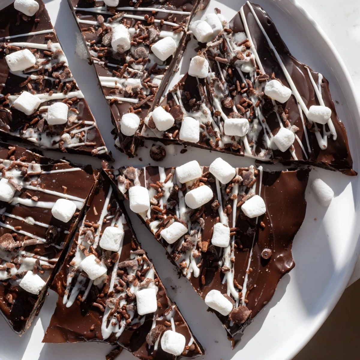 Decadent Hot Chocolate Bomb Bark, speckled with marshmallows and sprinkles, ready to be broken and enjoyed.