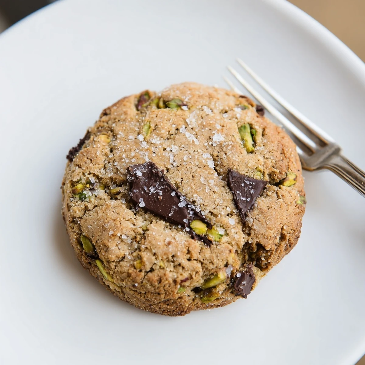 Golden, crispy Salted Pistachio Chocolate Chunk Shortbread cookies, speckled with pistachios and sea salt.