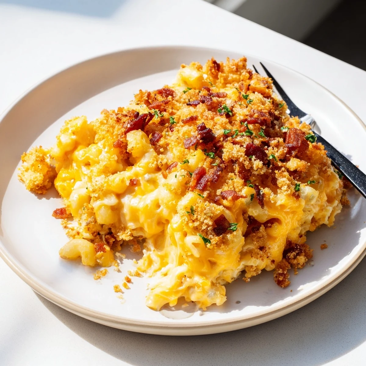 Golden and bubbly sheet pan mac and cheese with a delicious bacon crumble ready to serve.