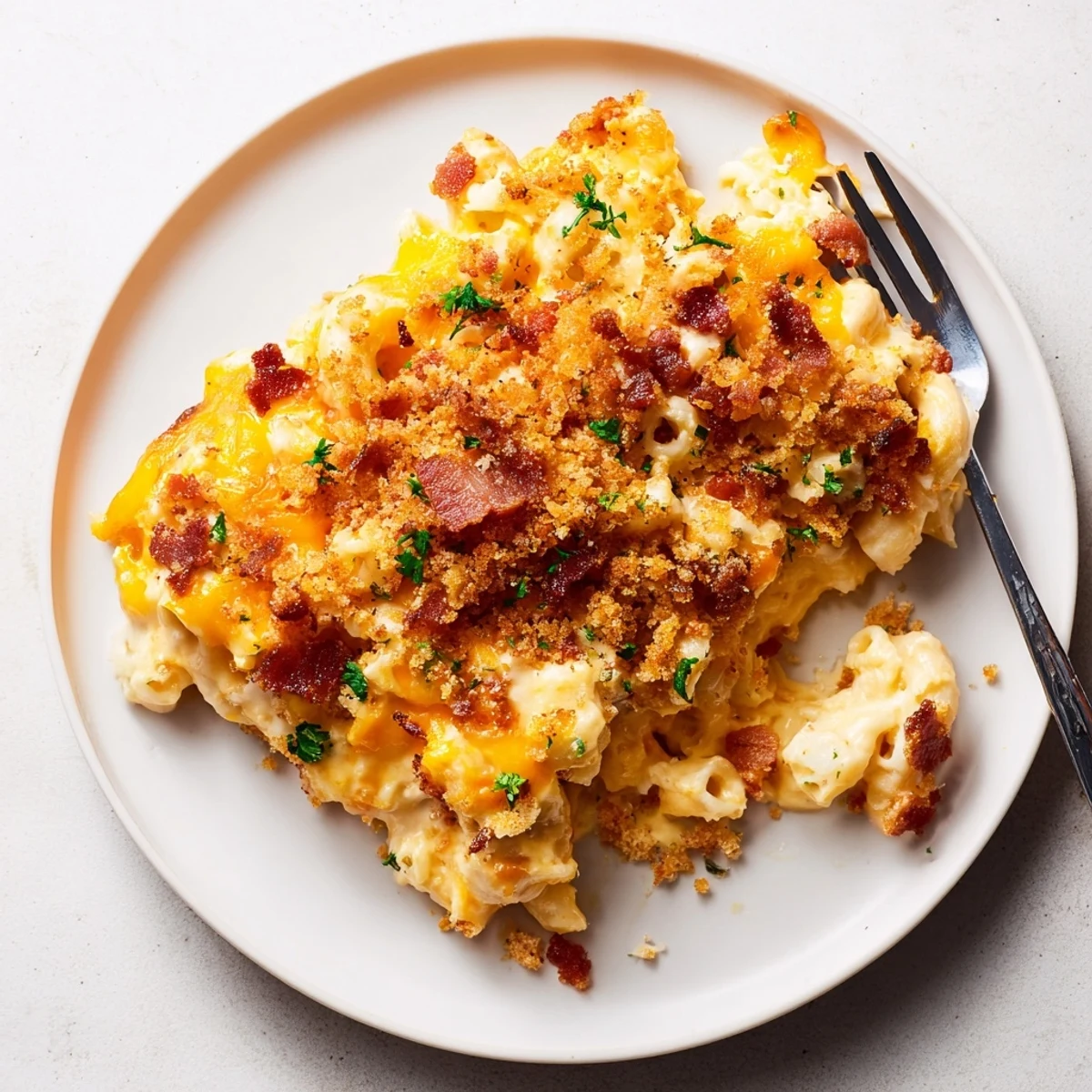 A close-up shot of sheet pan mac and cheese showcasing its cheesy texture and bacon topping.