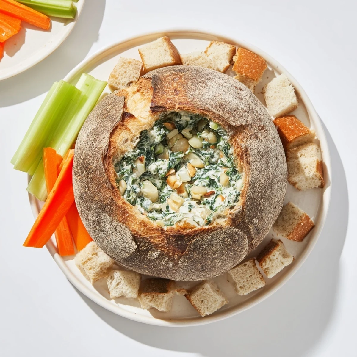 A warm, crusty bread bowl filled with creamy The Best Spinach Dip Ever, ready to scoop.