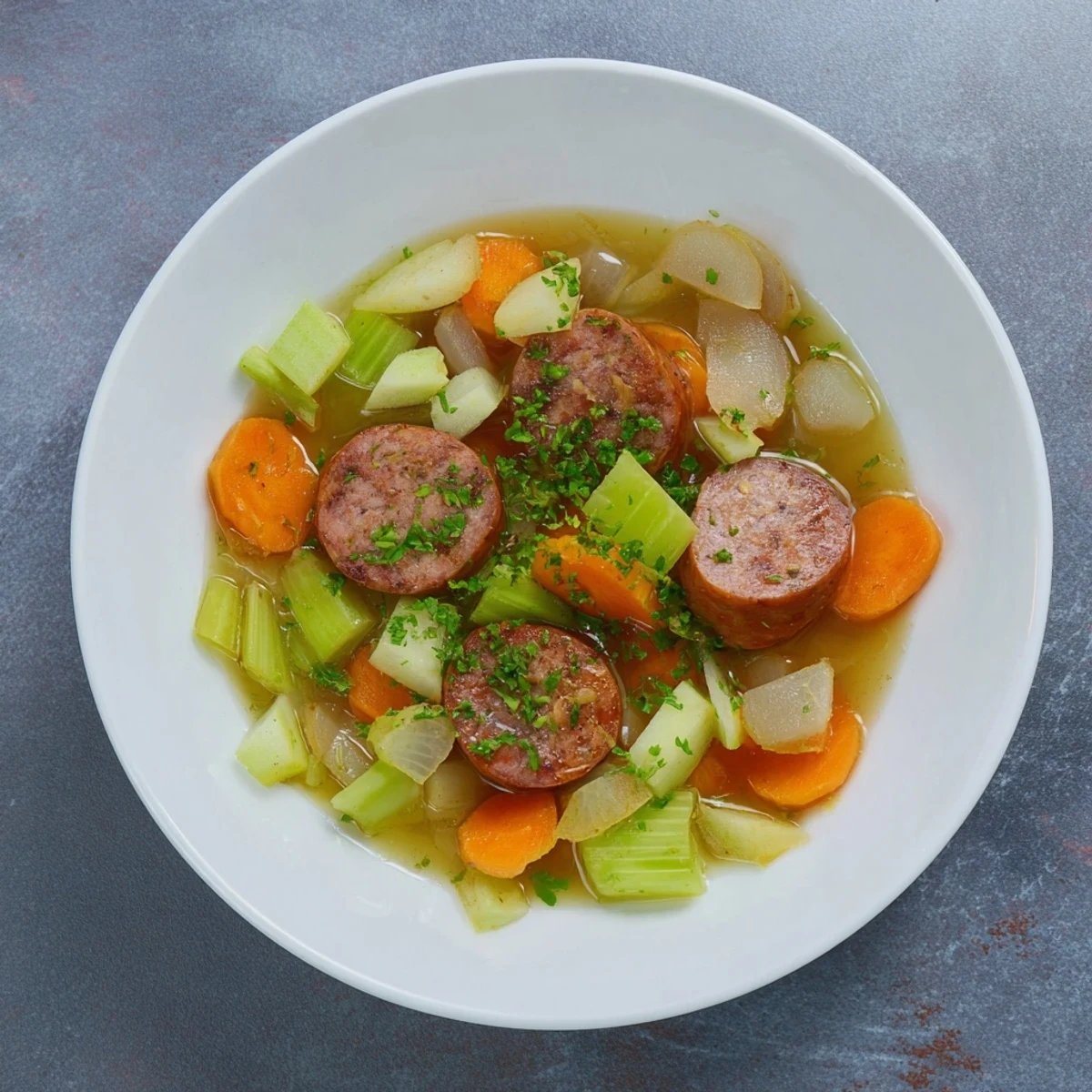 Steaming stovetop sausage, celery, and apple hotpot with tender vegetables and hearty sausage chunks.