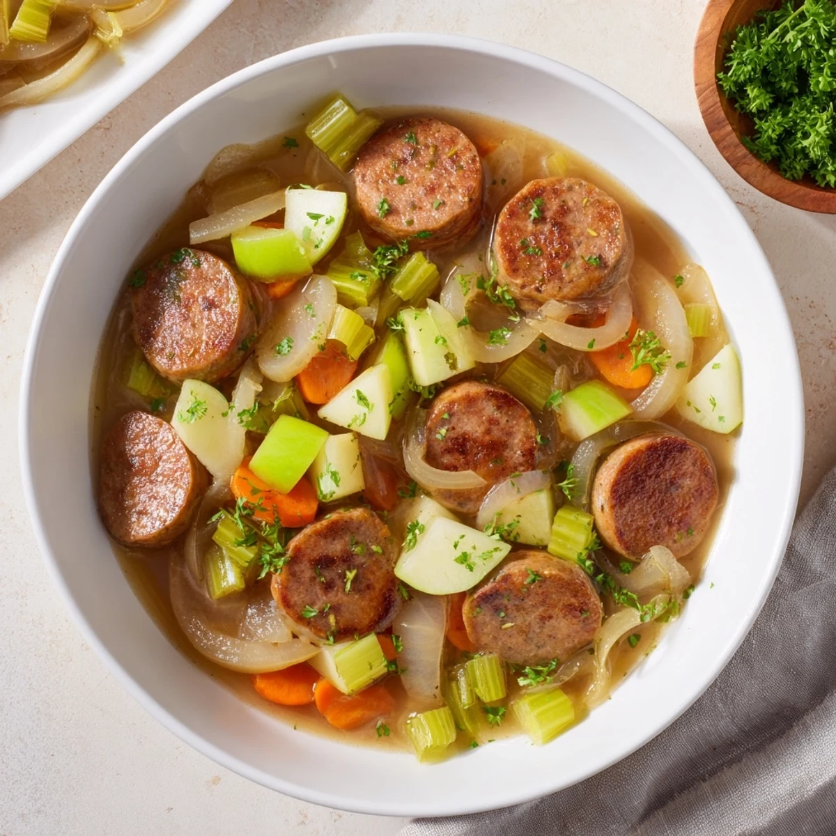 A close-up shot of the flavorful stovetop sausage, celery, and apple hotpot, ready to serve.